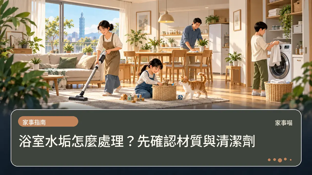 浴室水垢怎麼處理?先確認材質與清潔劑主題插畫