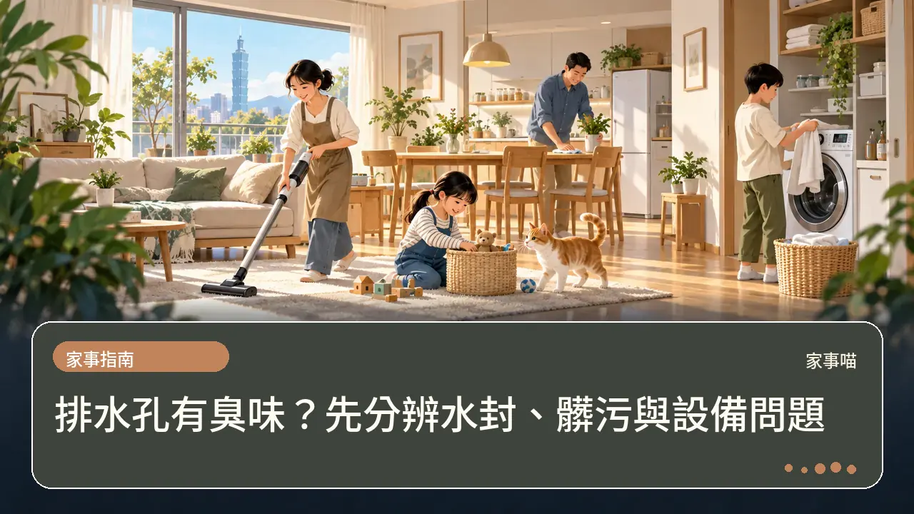 排水孔有臭味?先分辨水封、髒污與設備問題主題插畫
