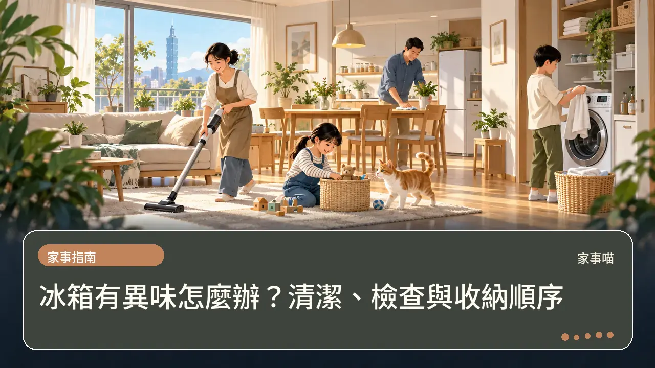 冰箱有異味怎麼辦?清潔、檢查與收納順序主題插畫