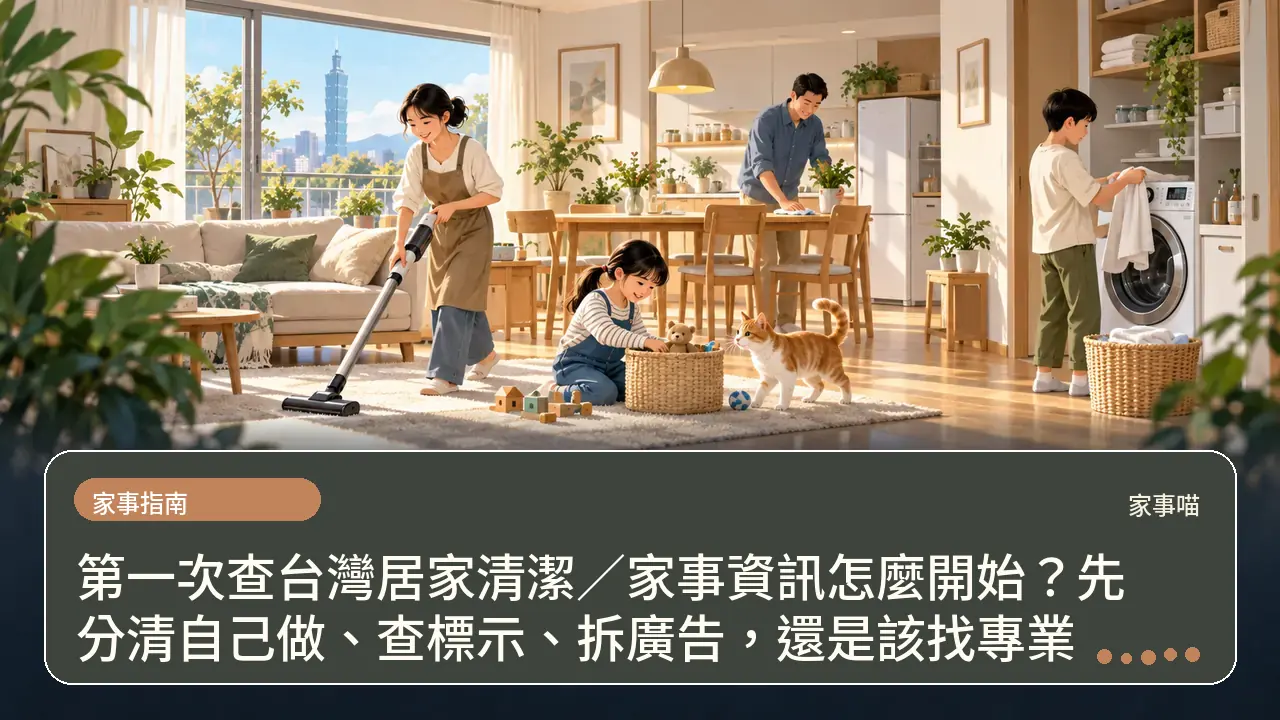 第一次查台灣居家清潔／家事資訊怎麼開始？先分清自己做、查標示、拆廣告，還是該找專業主題插畫