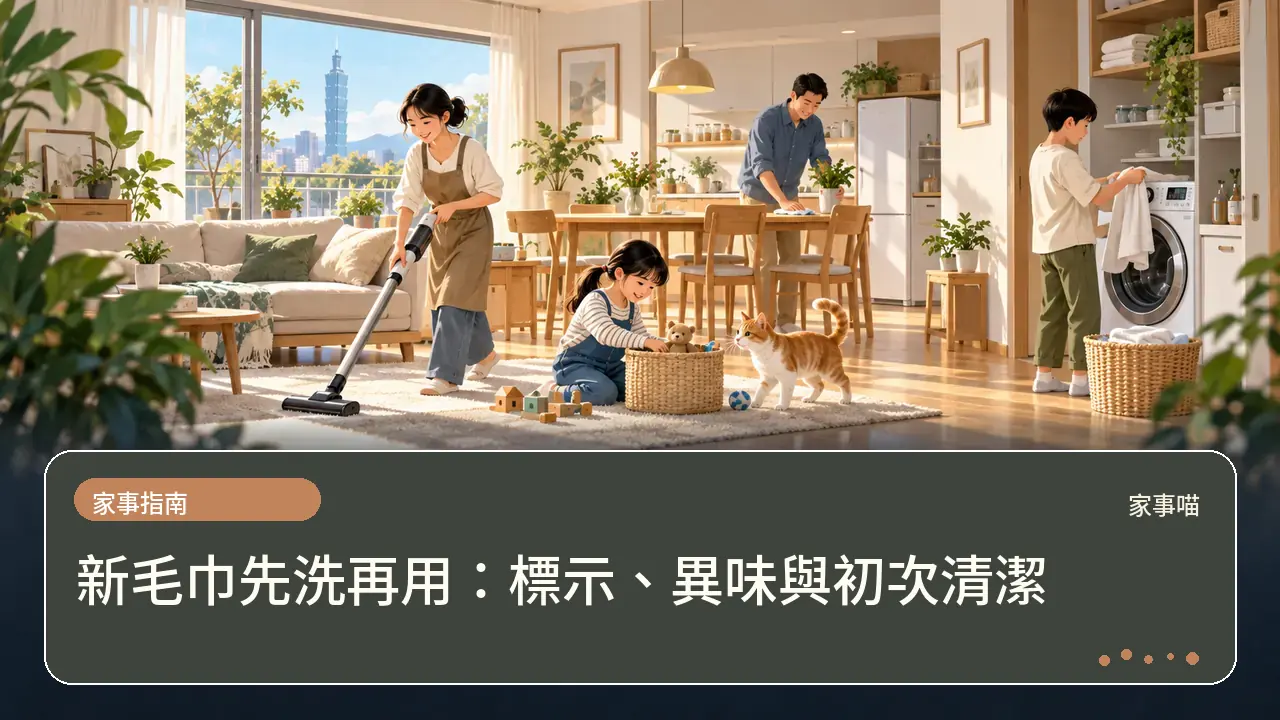 新毛巾先洗再用:標示、異味與初次清潔主題插畫